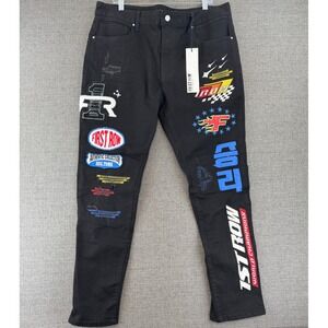First Row Racing Slim Jeans Black Mens 38 FRD2235S Patched Streetwear Denim